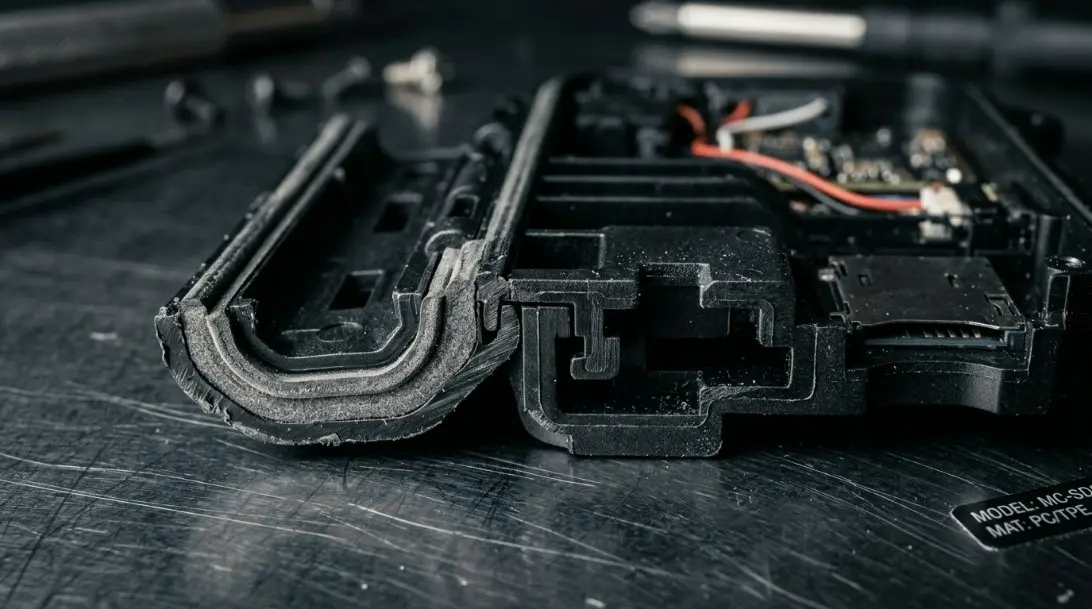 A detailed 3D technical blueprint showing the internal structure of a micro SD card case with highlighting on the sealing grooves.